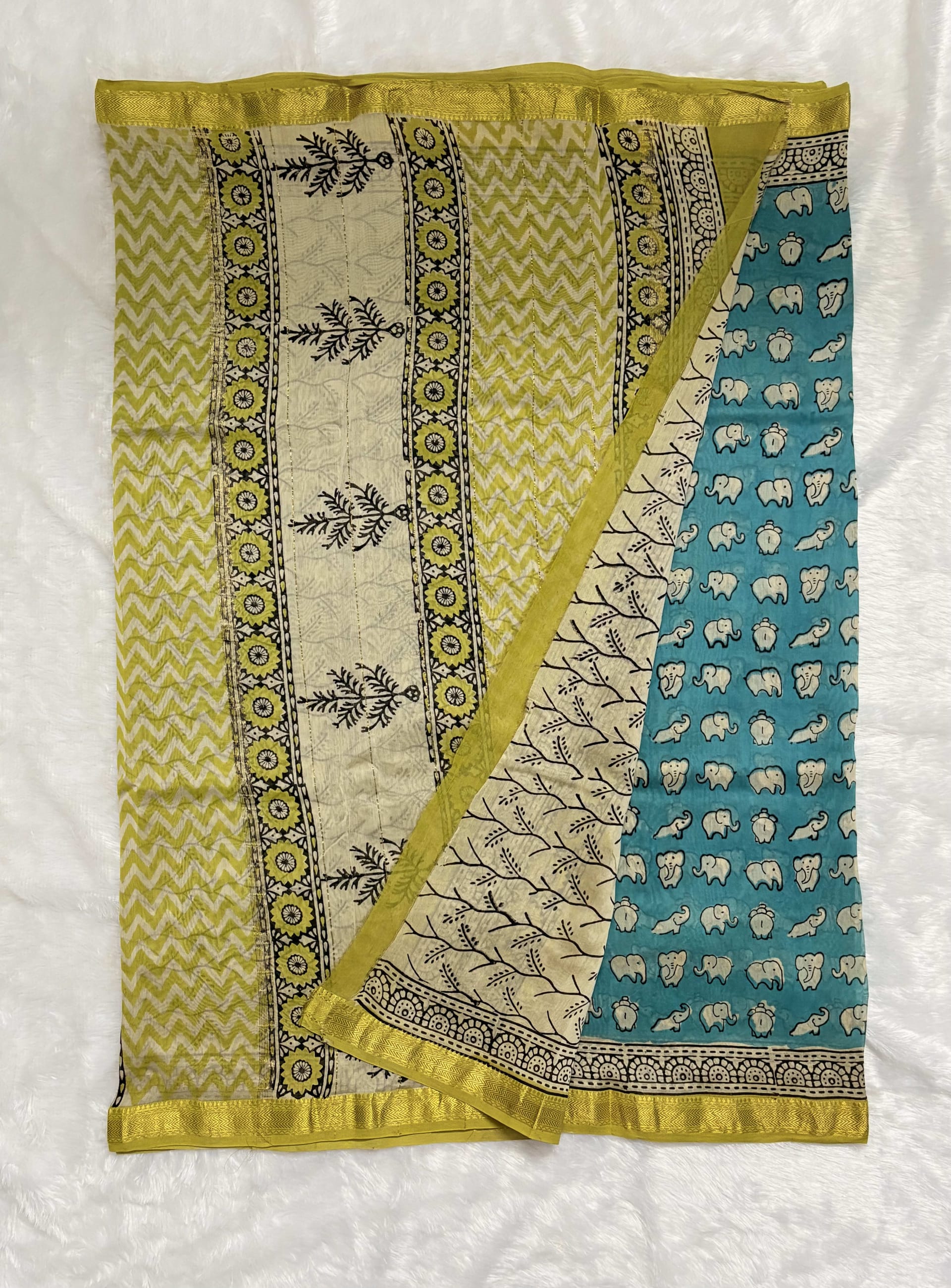 Pure Maheshwari cotton silk saree with block prints Elephant blue — Blue Maheshwari Cotton Silk saree