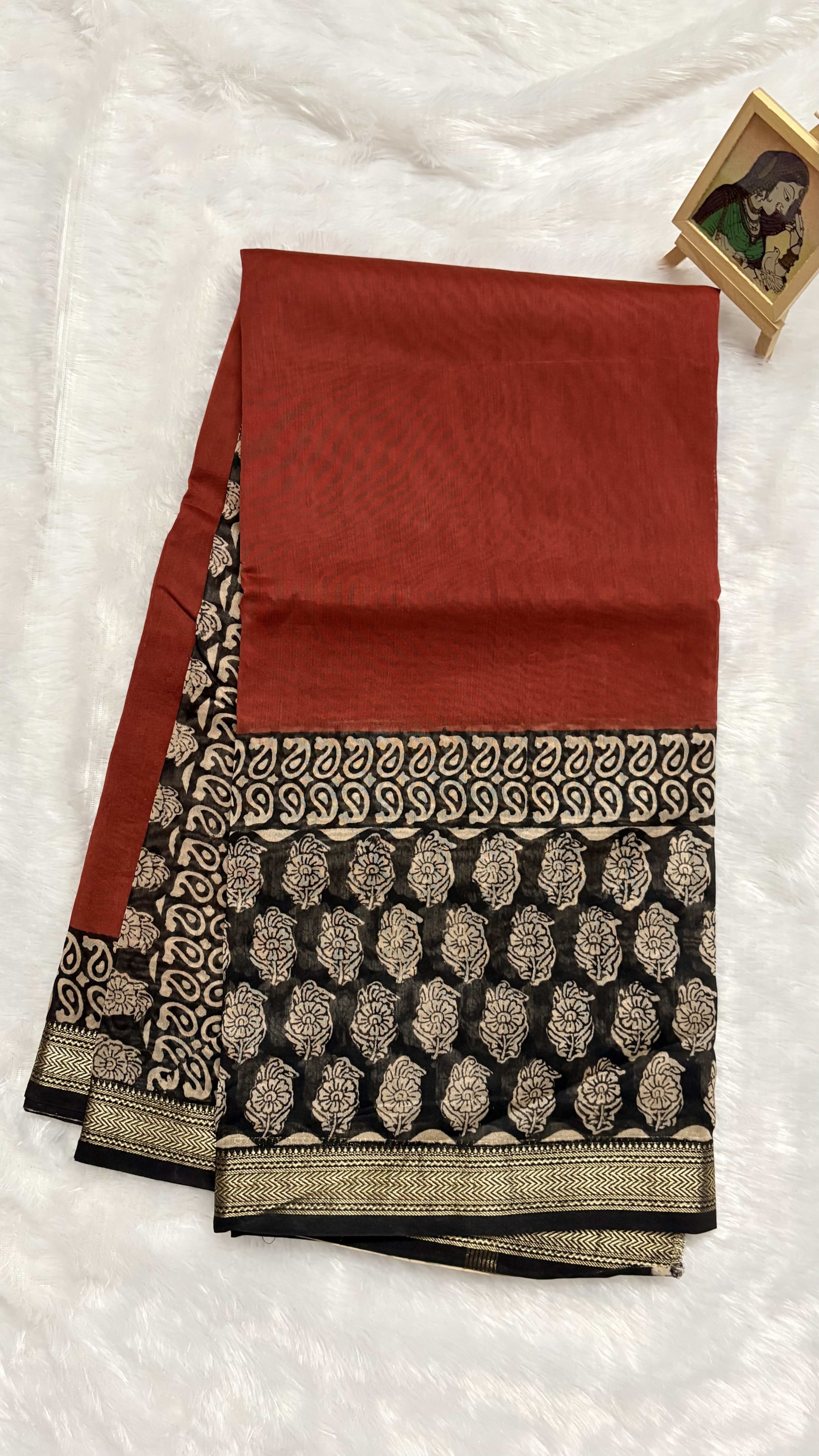 Pure Maheshwari cotton silk saree with block prints Brick red — Red/Maroon Maheshwari Cotton Silk saree