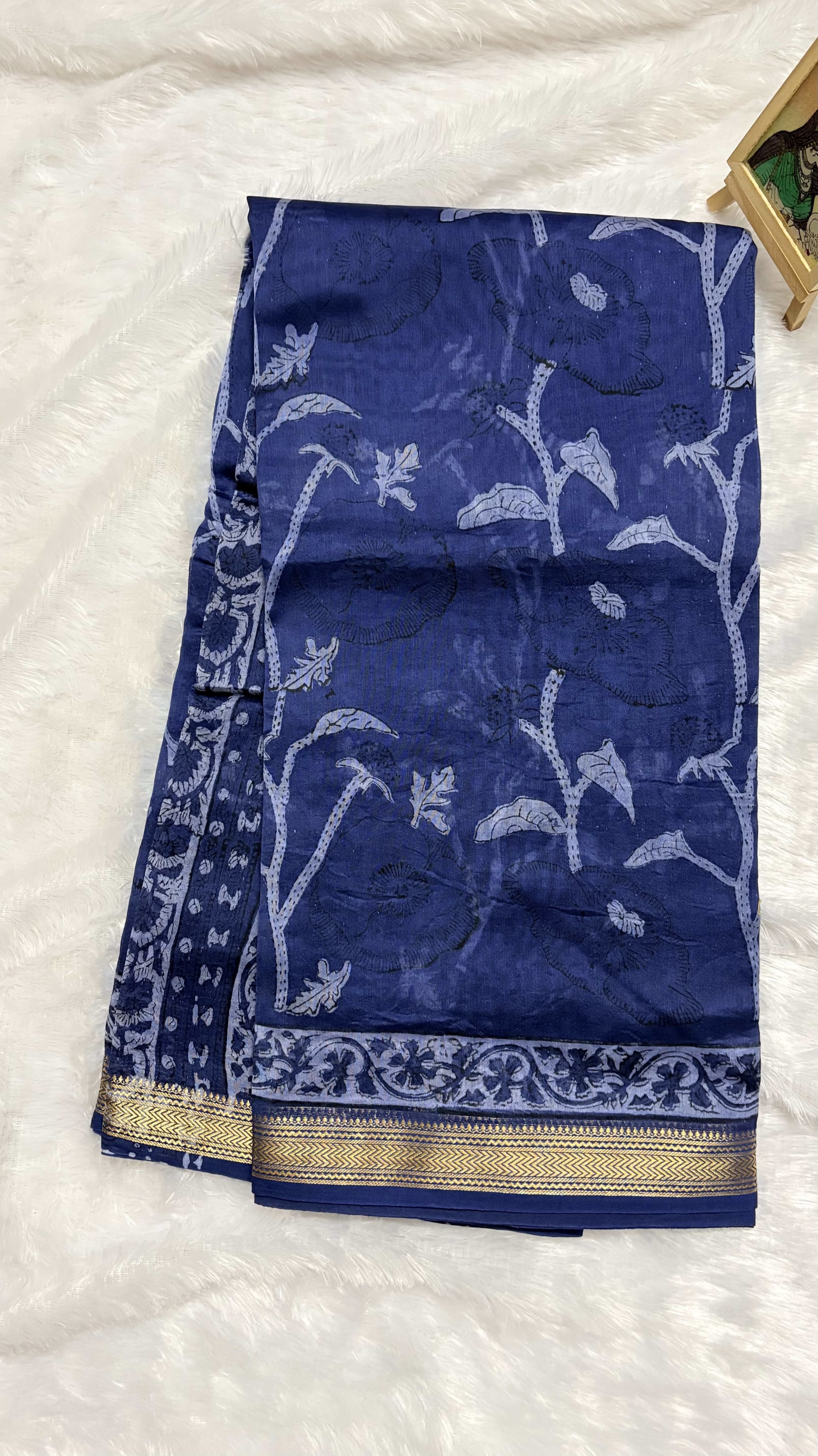 Pure Maheshwari cotton silk saree with block prints Blue floral — Blue Maheshwari Cotton Silk saree