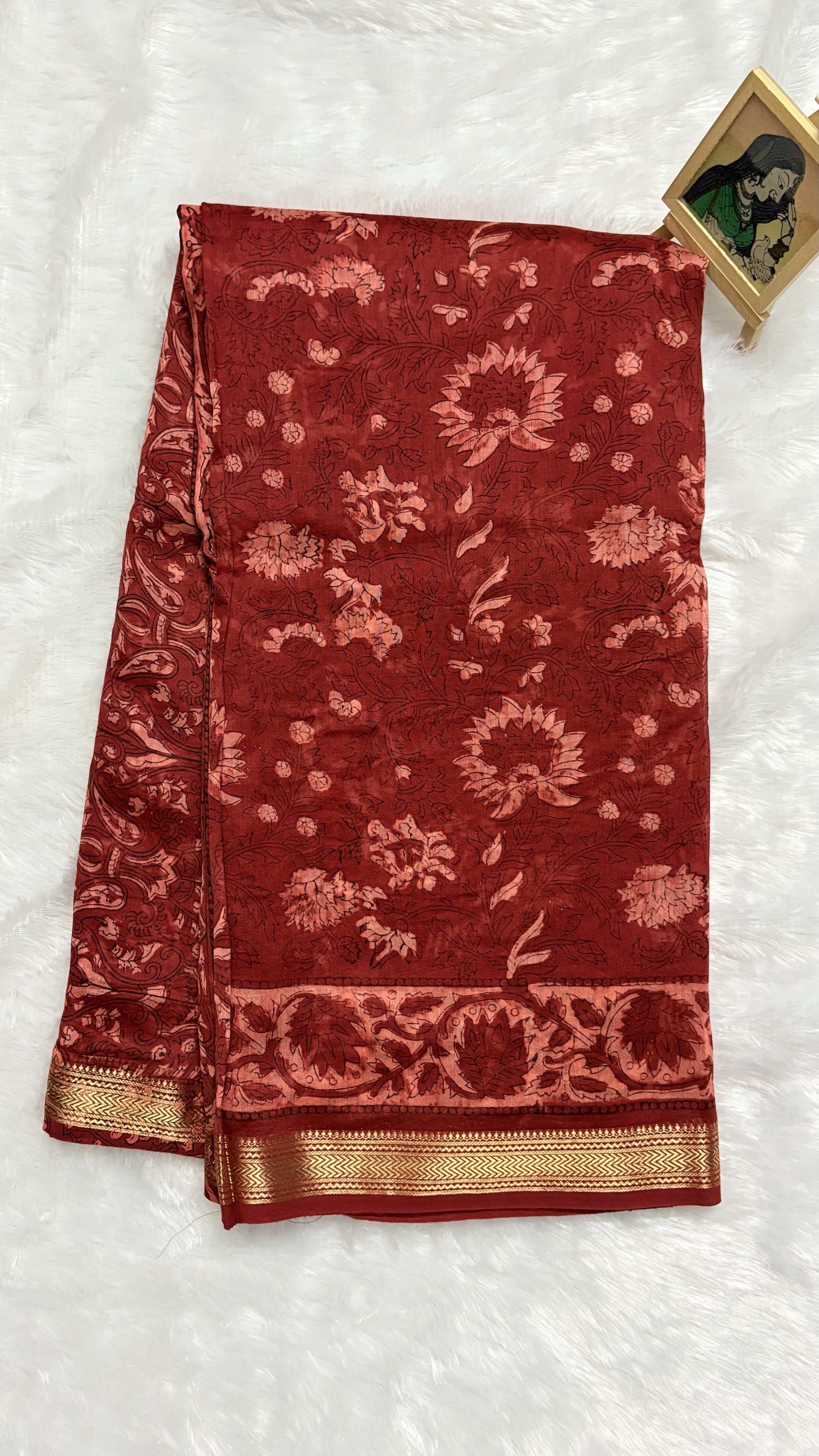 Pure Maheshwari cotton silk saree with block prints Red floral — Red/Maroon Maheshwari Cotton Silk saree