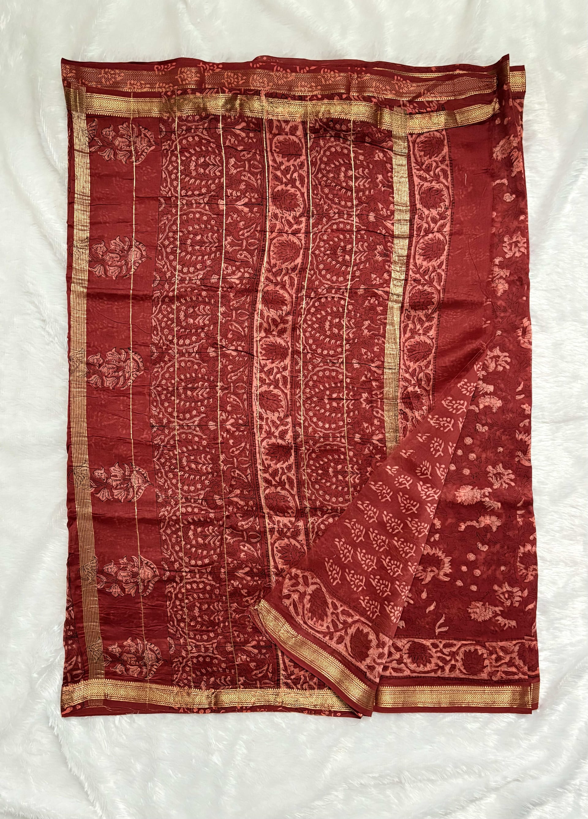 Pure Maheshwari cotton silk saree with block prints Red floral — Red/Maroon Maheshwari Cotton Silk saree