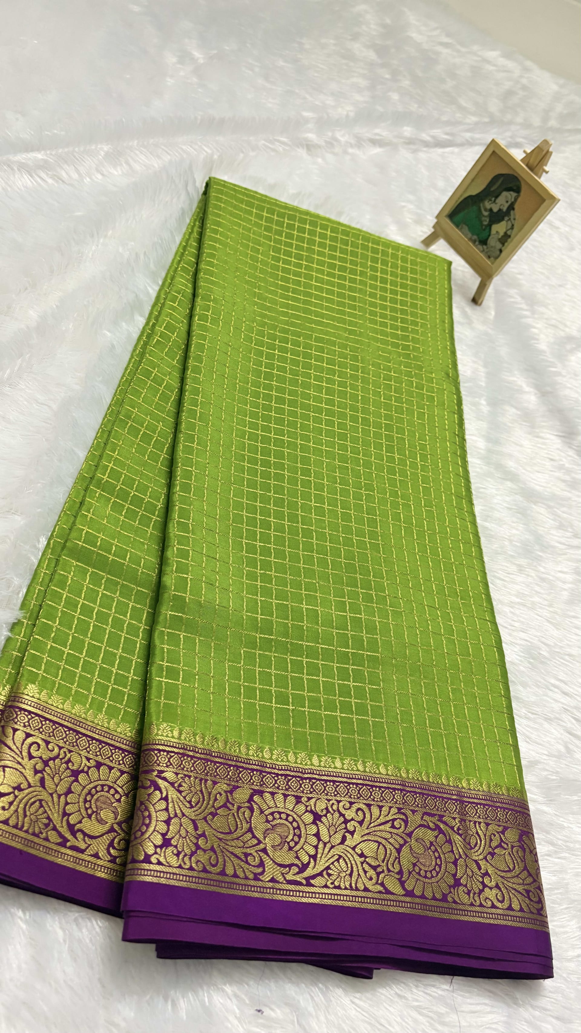 Pure Mysore crepe silk saree small checks Olive Green and magenta - 140gsm — Green Mysore Silk Mysore Silk saree