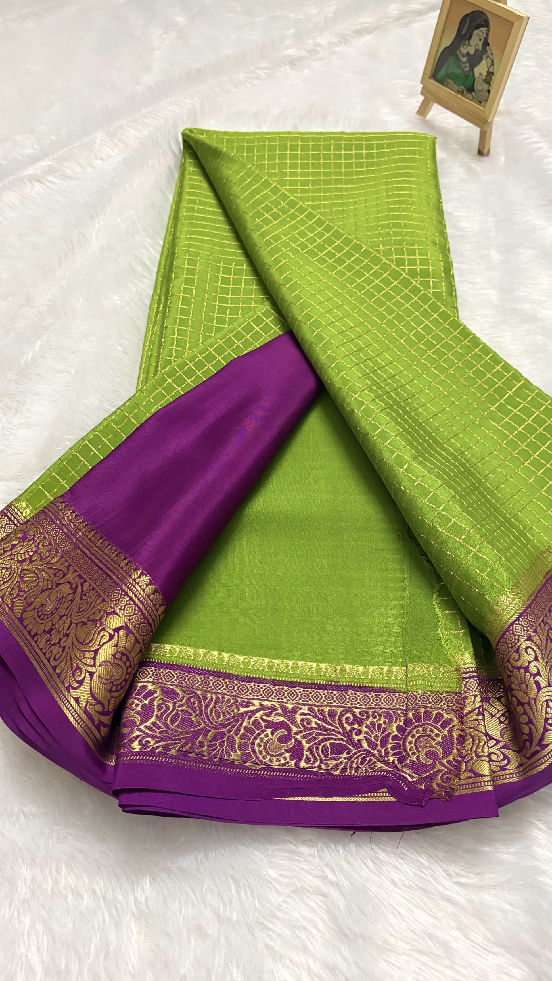 Pure Mysore crepe silk saree small checks Olive Green and magenta - 140gsm — Green Mysore Silk Mysore Silk saree