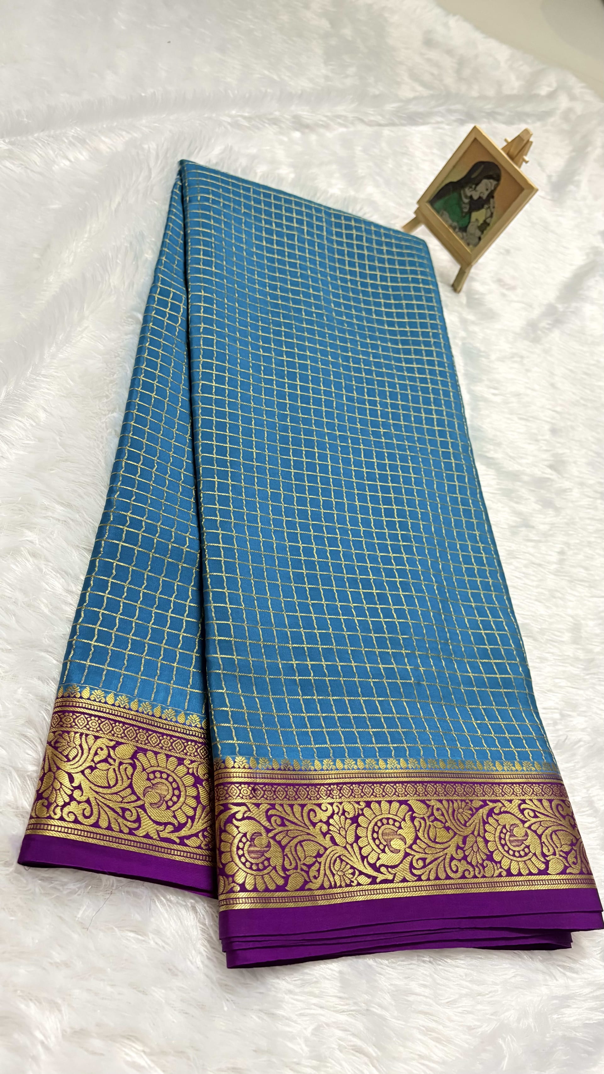 Pure Mysore crepe silk saree small checks Rama green and magenta - 140gsm — Green Mysore Silk Mysore Silk saree