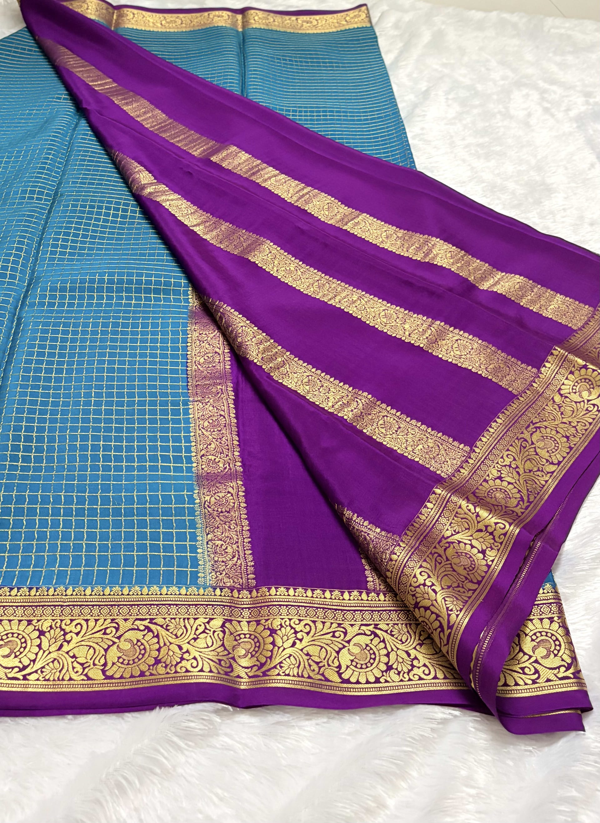 Pure Mysore crepe silk saree small checks Rama green and magenta - 140gsm — Green Mysore Silk Mysore Silk saree