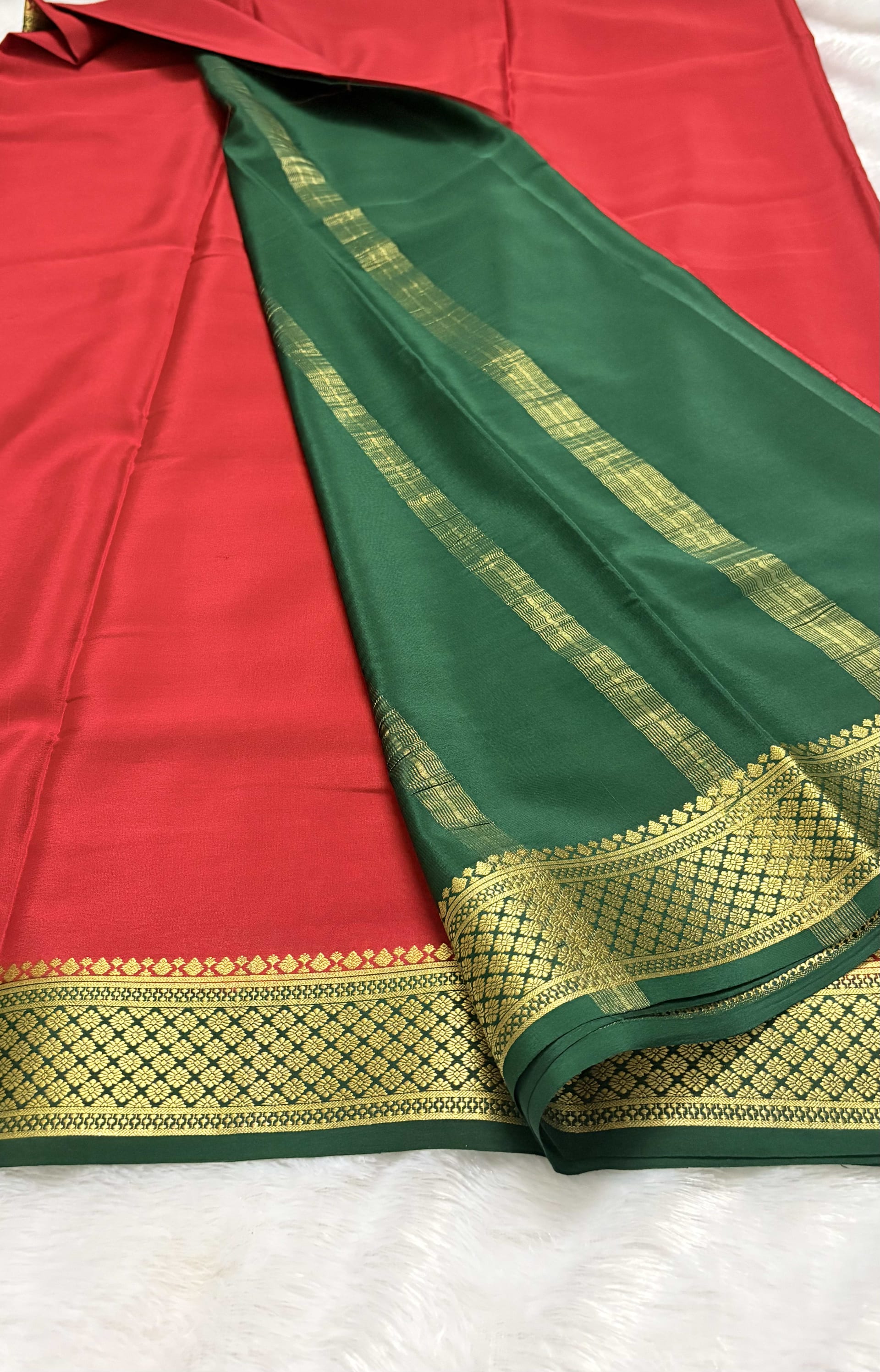 Pure Mysore crepe silk saree Red and bottle green — Red/Maroon Mysore Silk Mysore Silk saree