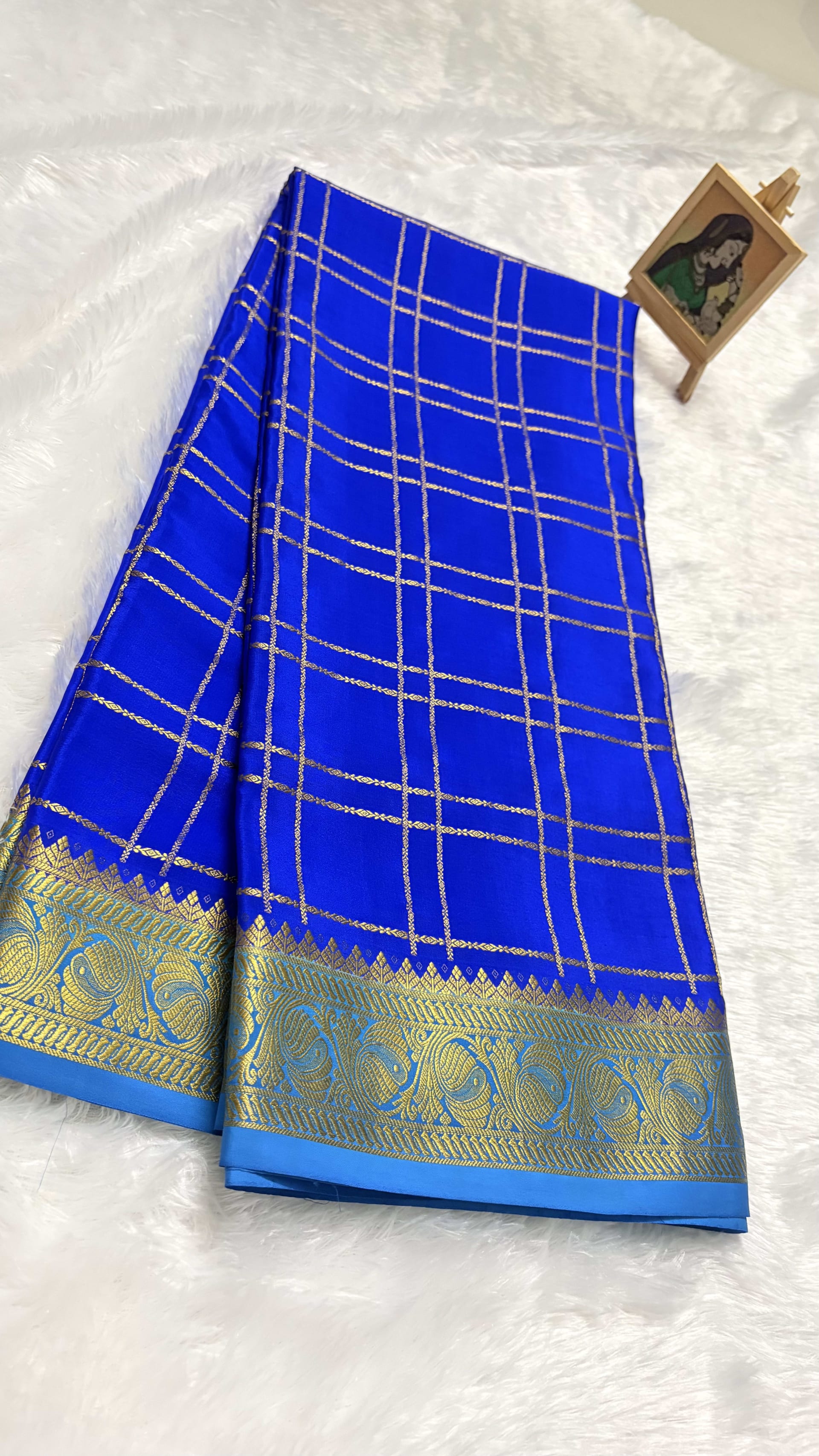 Pure Mysore crepe silk saree KSIC checks Ink blue and Sky blue - 140gsm — Blue Mysore Silk Mysore Silk saree