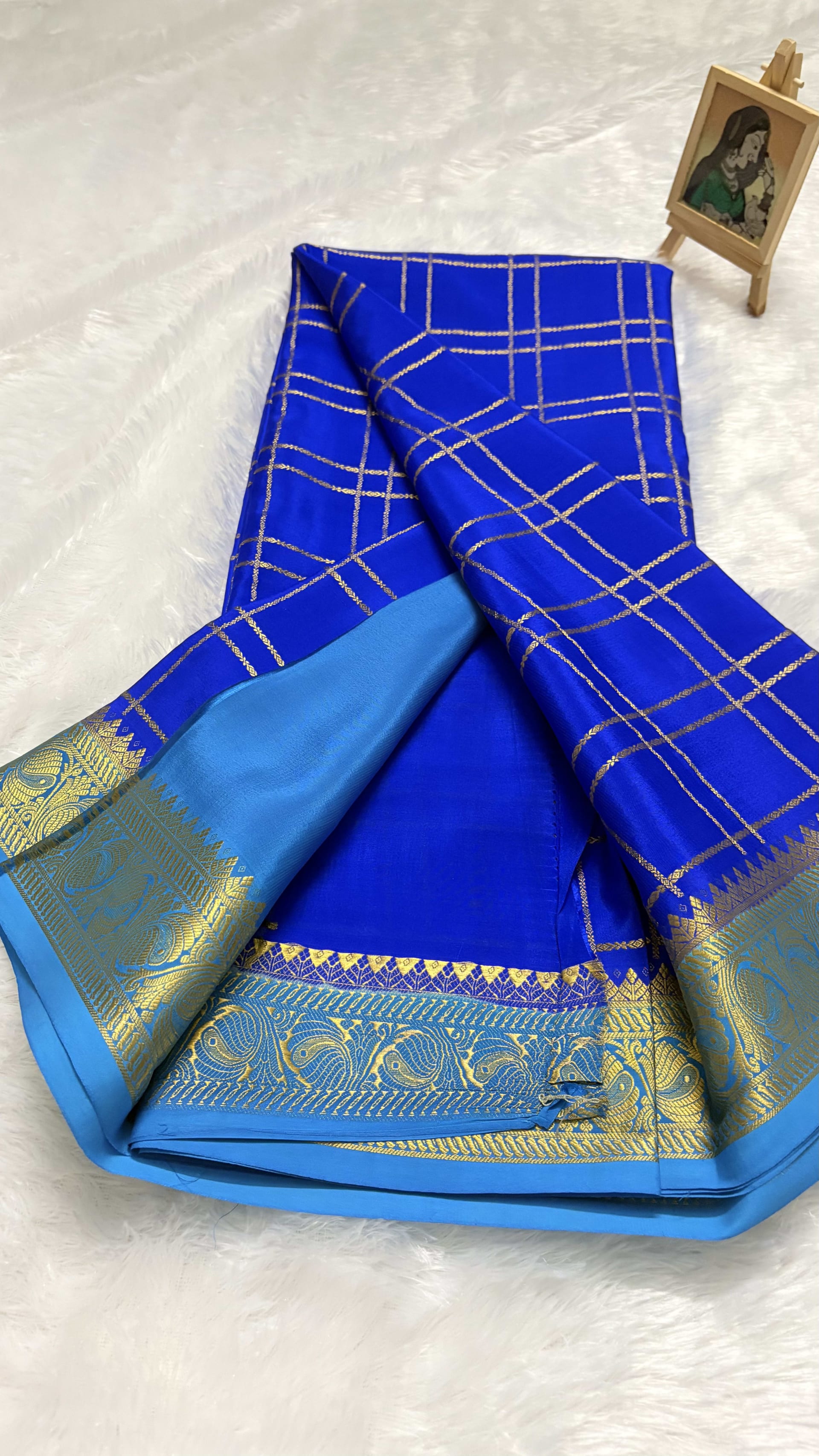 Pure Mysore crepe silk saree KSIC checks Ink blue and Sky blue - 140gsm — Blue Mysore Silk Mysore Silk saree