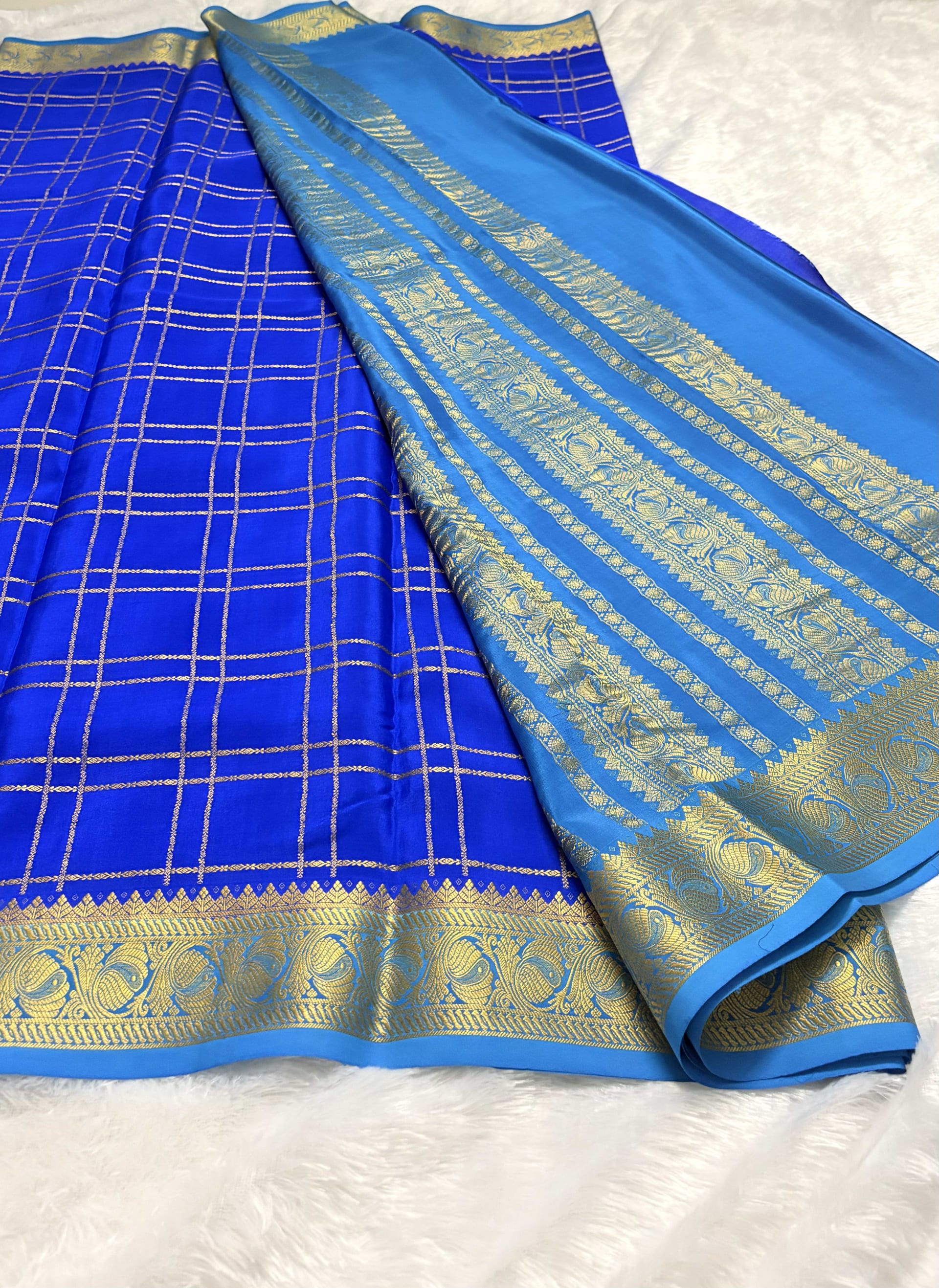 Pure Mysore crepe silk saree KSIC checks Ink blue and Sky blue - 140gsm — Blue Mysore Silk Mysore Silk saree