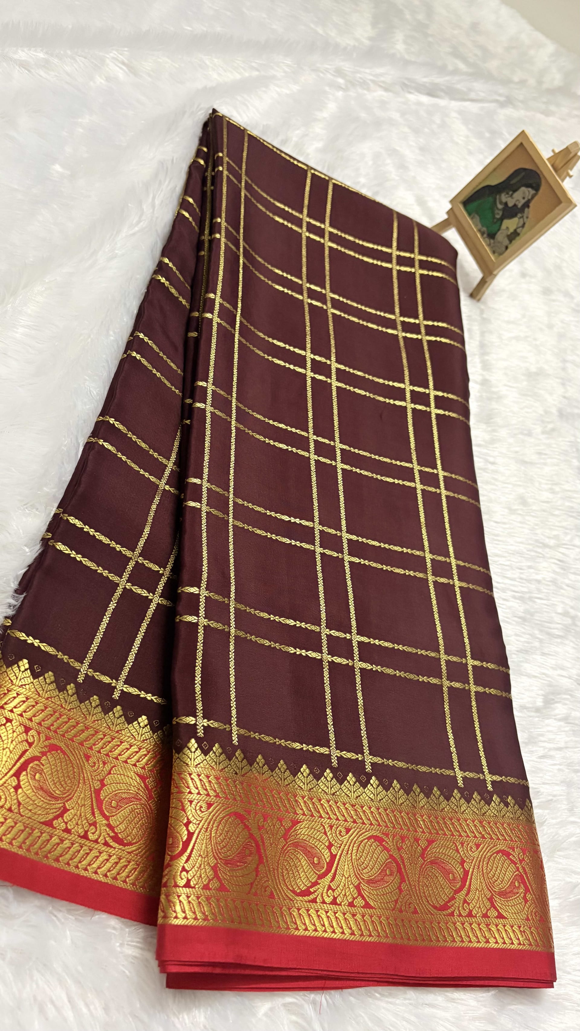 Pure Mysore crepe silk saree KSIC checks Coffee brown and Red - 140gsm — Brown Mysore Silk Mysore Silk saree
