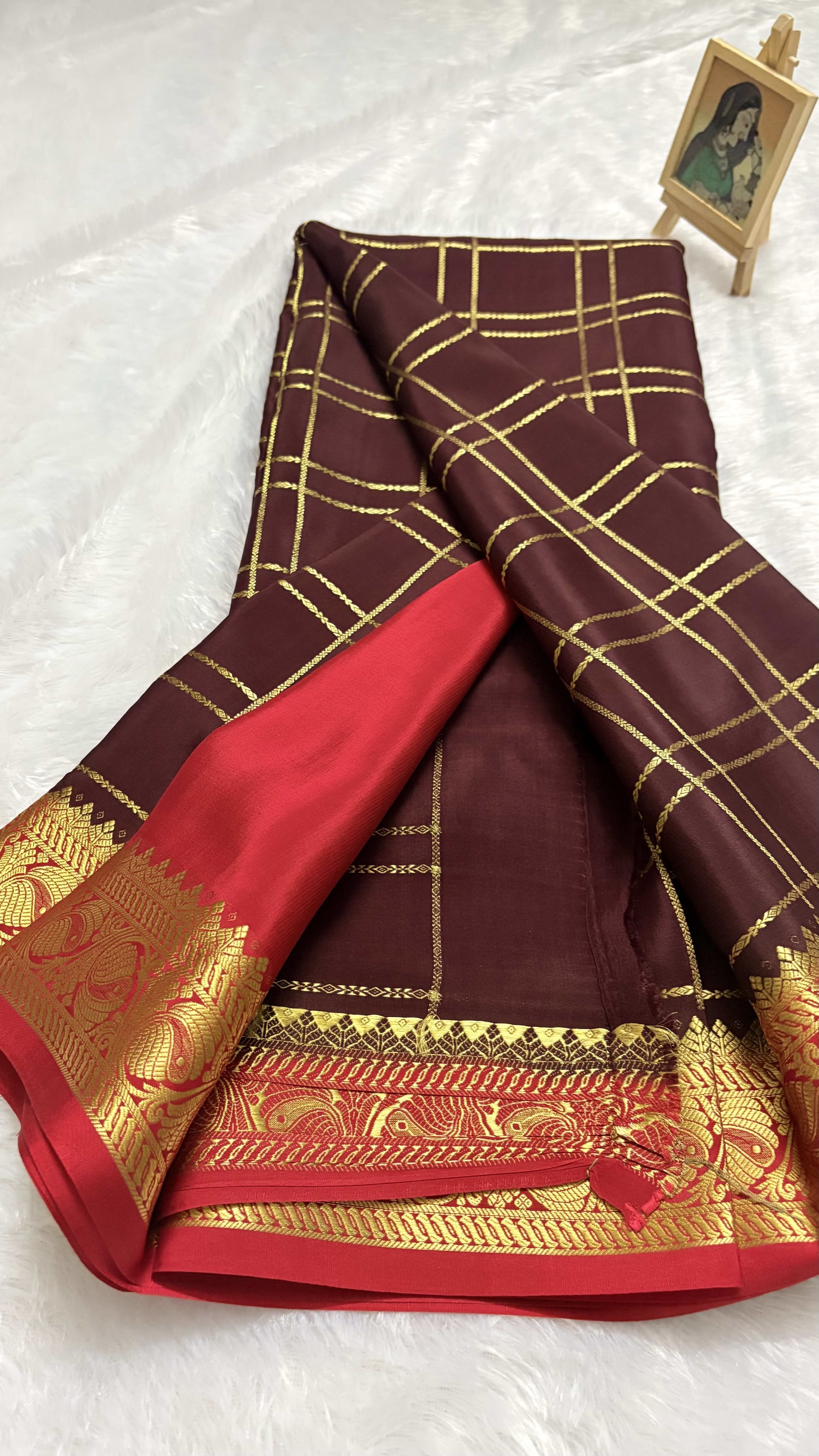 Pure Mysore crepe silk saree KSIC checks Coffee brown and Red - 140gsm — Brown Mysore Silk Mysore Silk saree