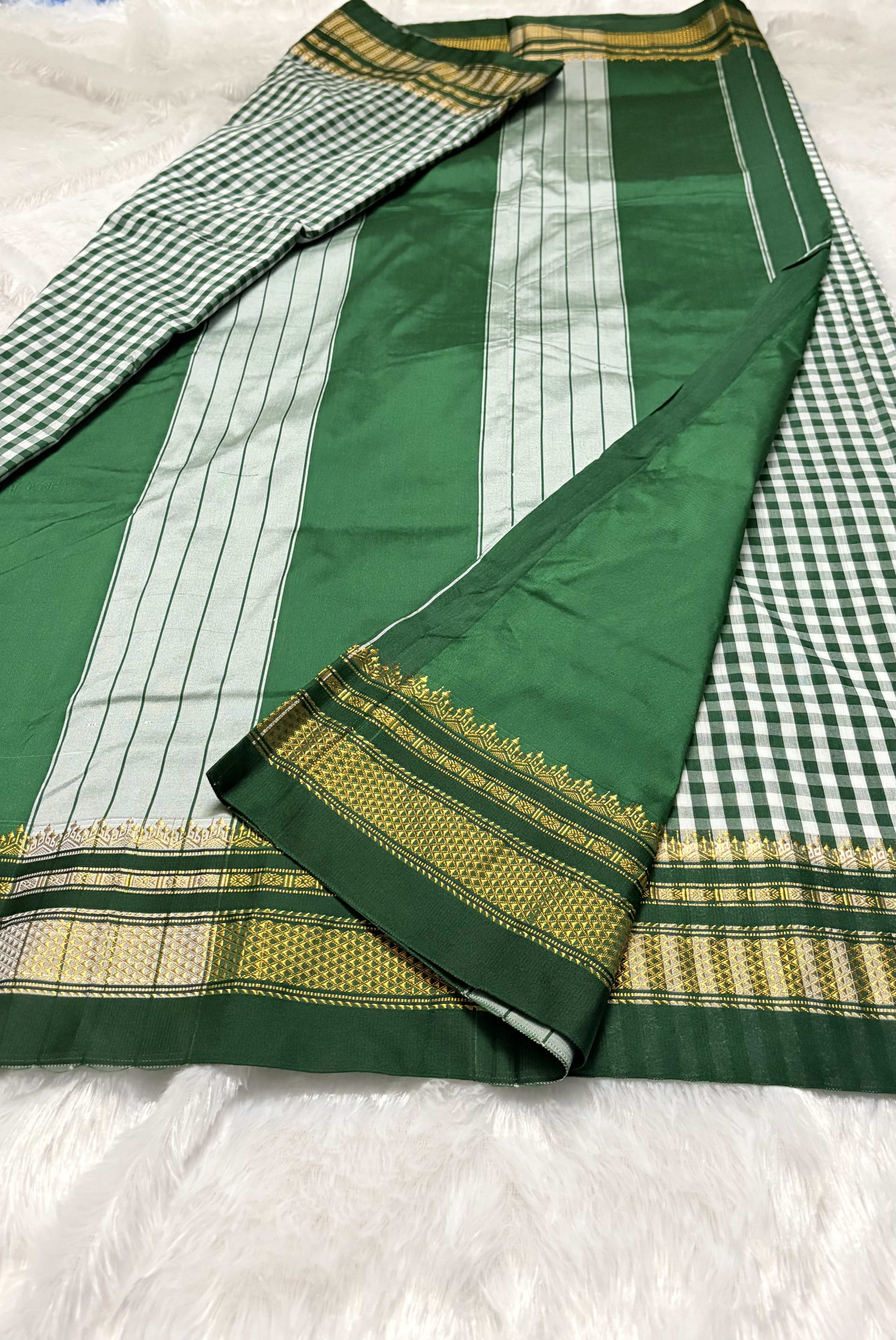 Ilkal Tam Tam Checks cotton silk saree Bottle green — Green Chanderi Cotton Silk saree