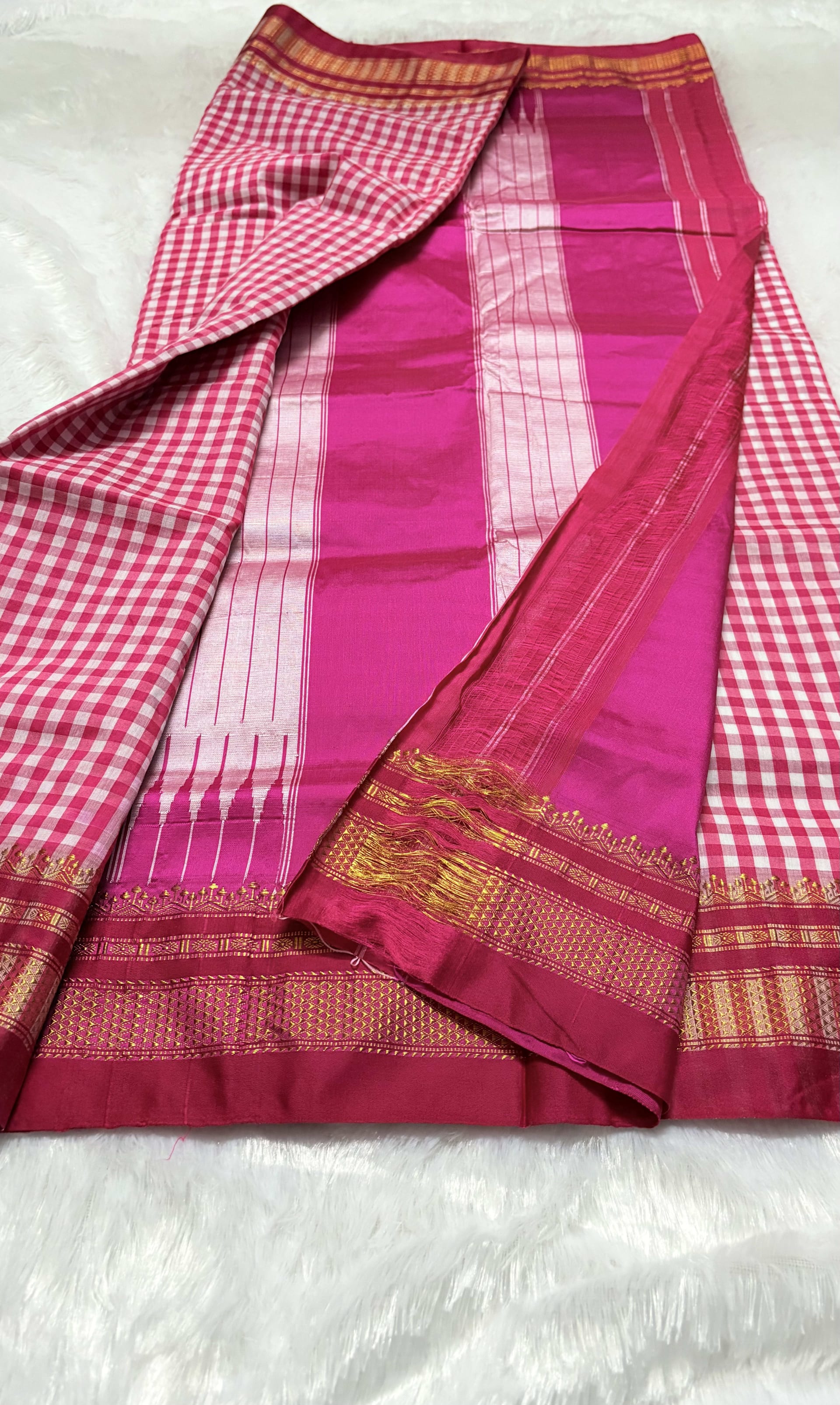 Ilkal Tam Tam Checks cotton silk saree Baby Pink — Pink/Peach Chanderi Cotton Silk saree