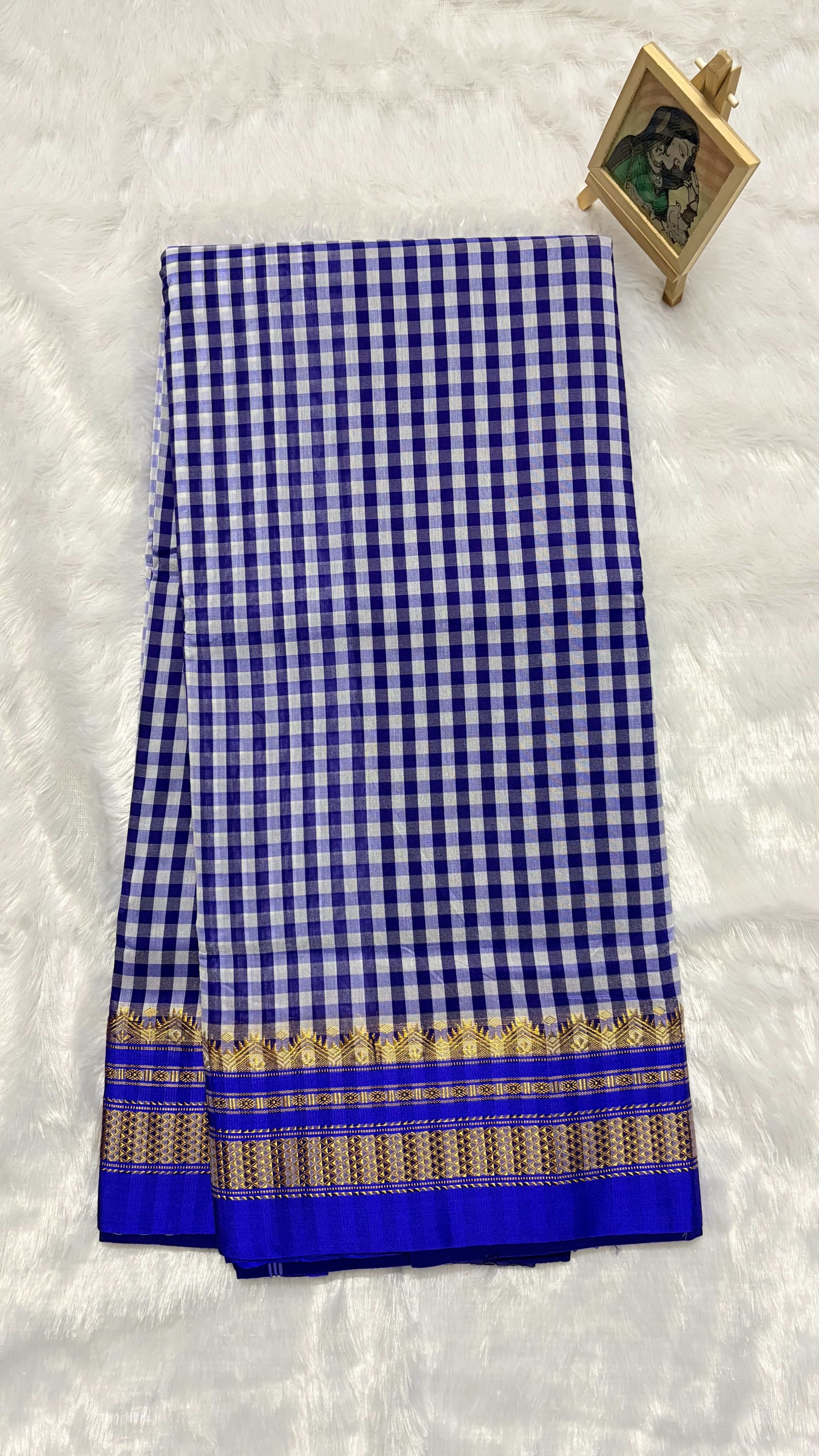 Ilkal Tam Tam Checks cotton silk saree Blue — Blue Chanderi Cotton Silk saree
