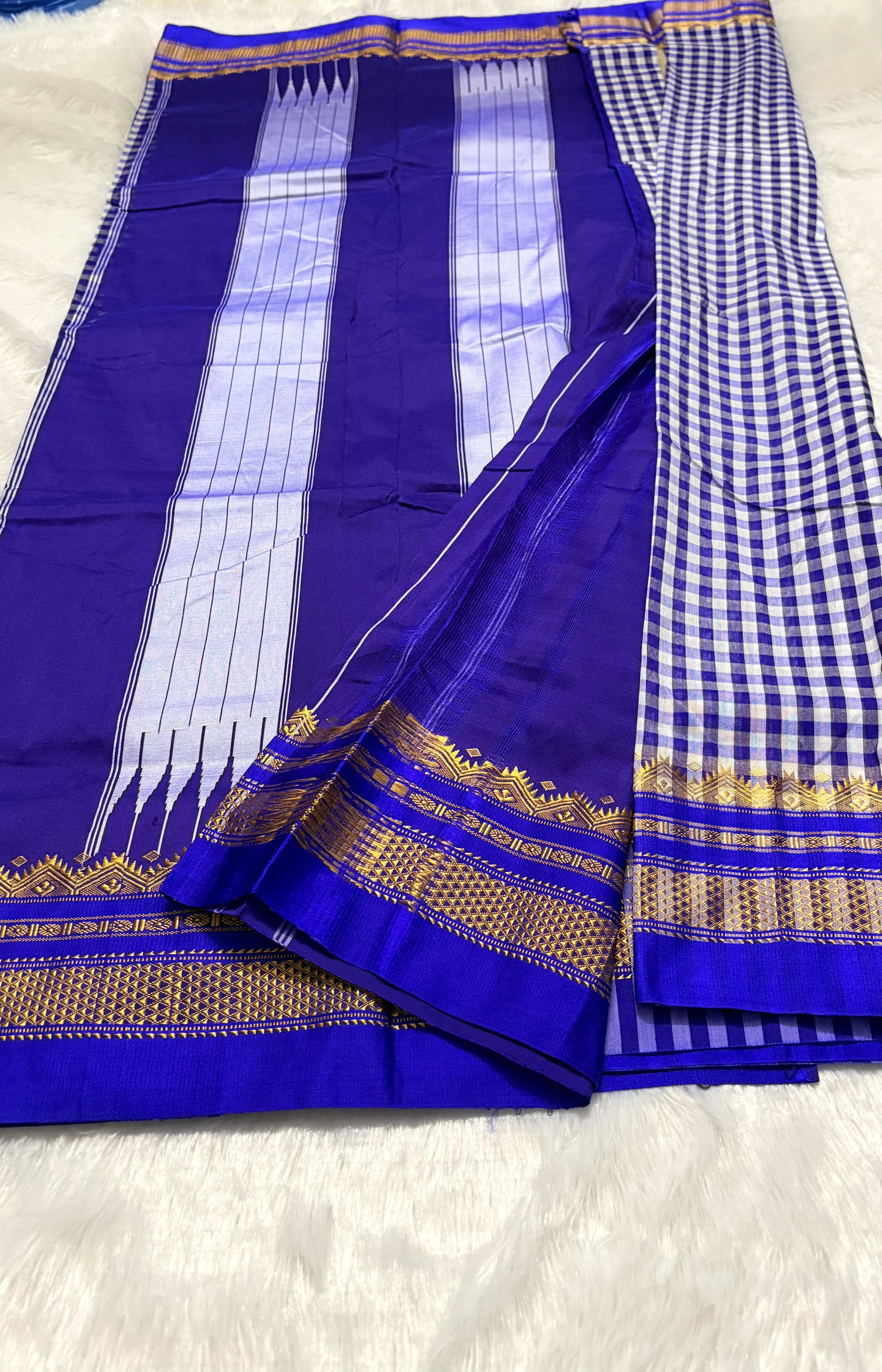 Ilkal Tam Tam Checks cotton silk saree Blue — Blue Chanderi Cotton Silk saree