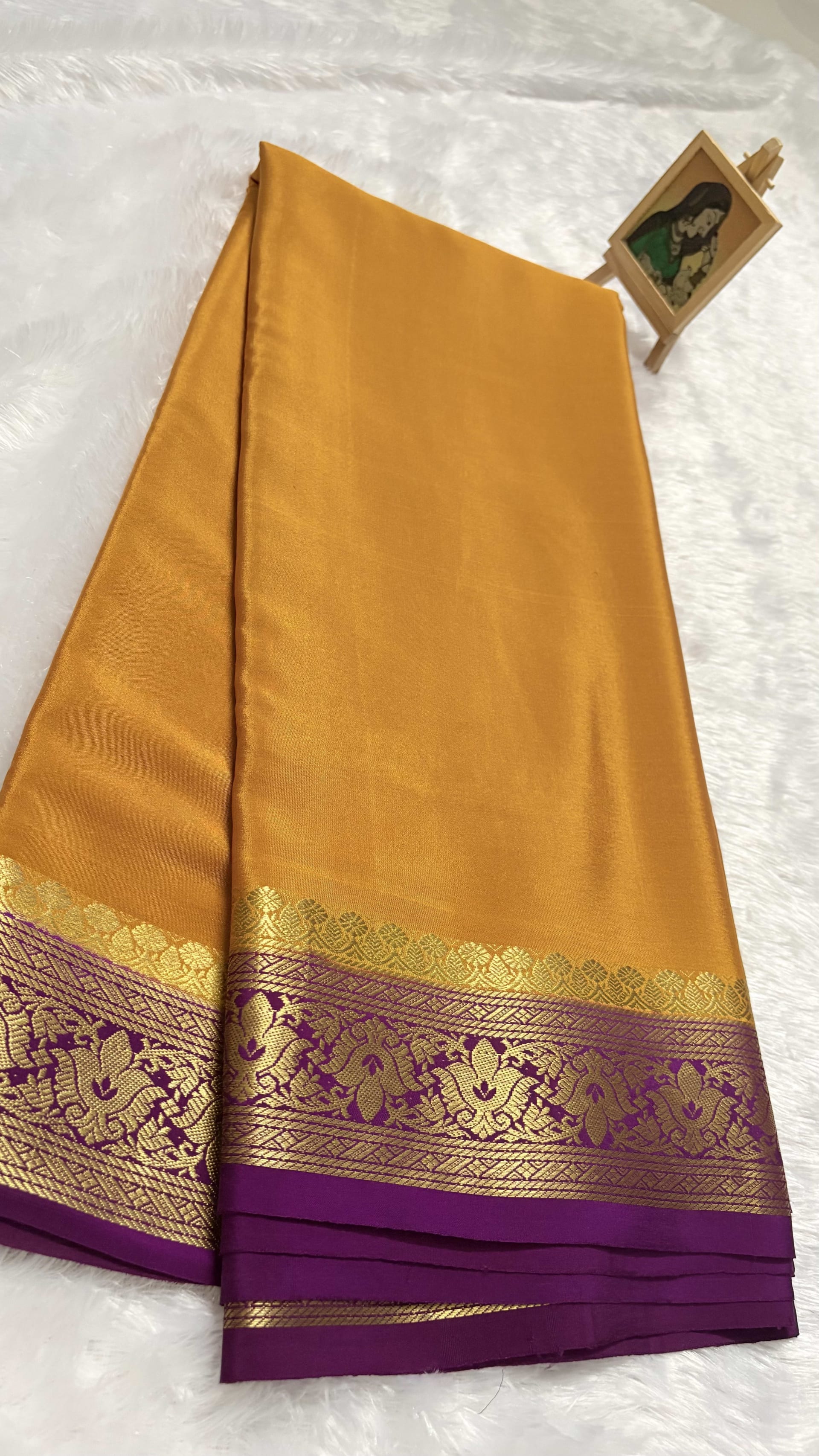 Pure Mysore crepe silk Floral Mustard and magenta - 120gsm — Yellow Mysore Silk Mysore Silk saree