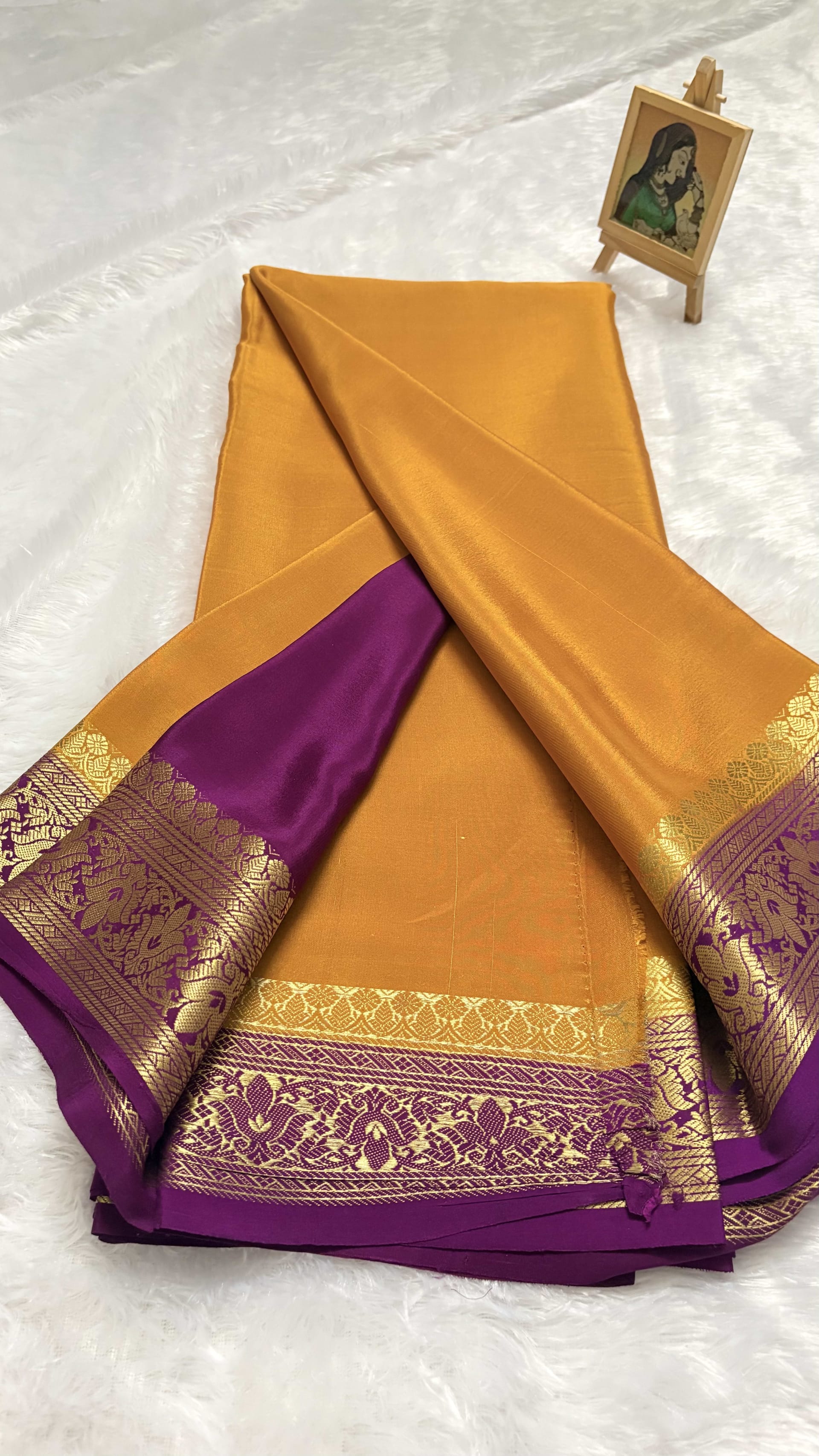 Pure Mysore crepe silk Floral Mustard and magenta - 120gsm — Yellow Mysore Silk Mysore Silk saree