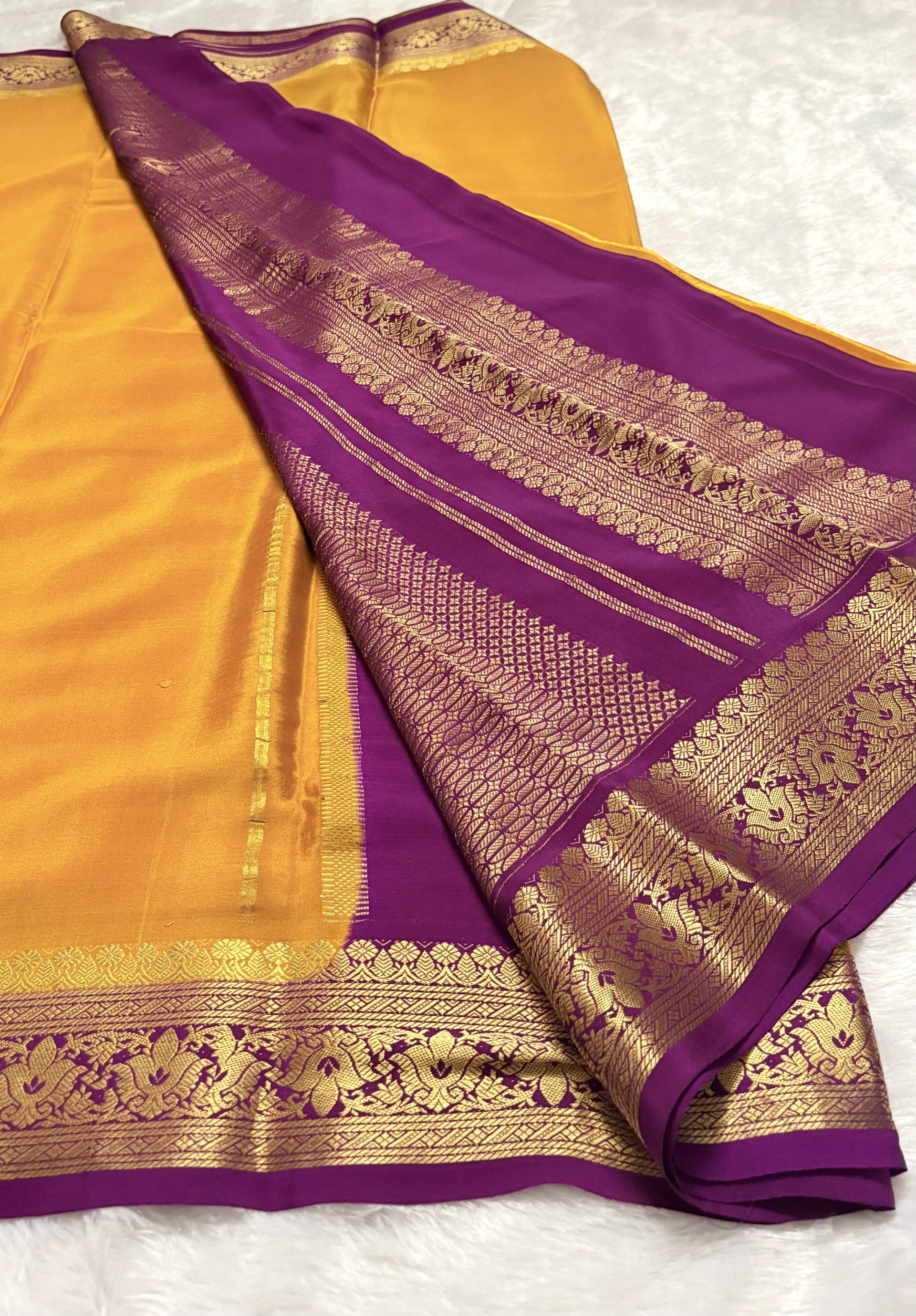 Pure Mysore crepe silk Floral Mustard and magenta - 120gsm — Yellow Mysore Silk Mysore Silk saree