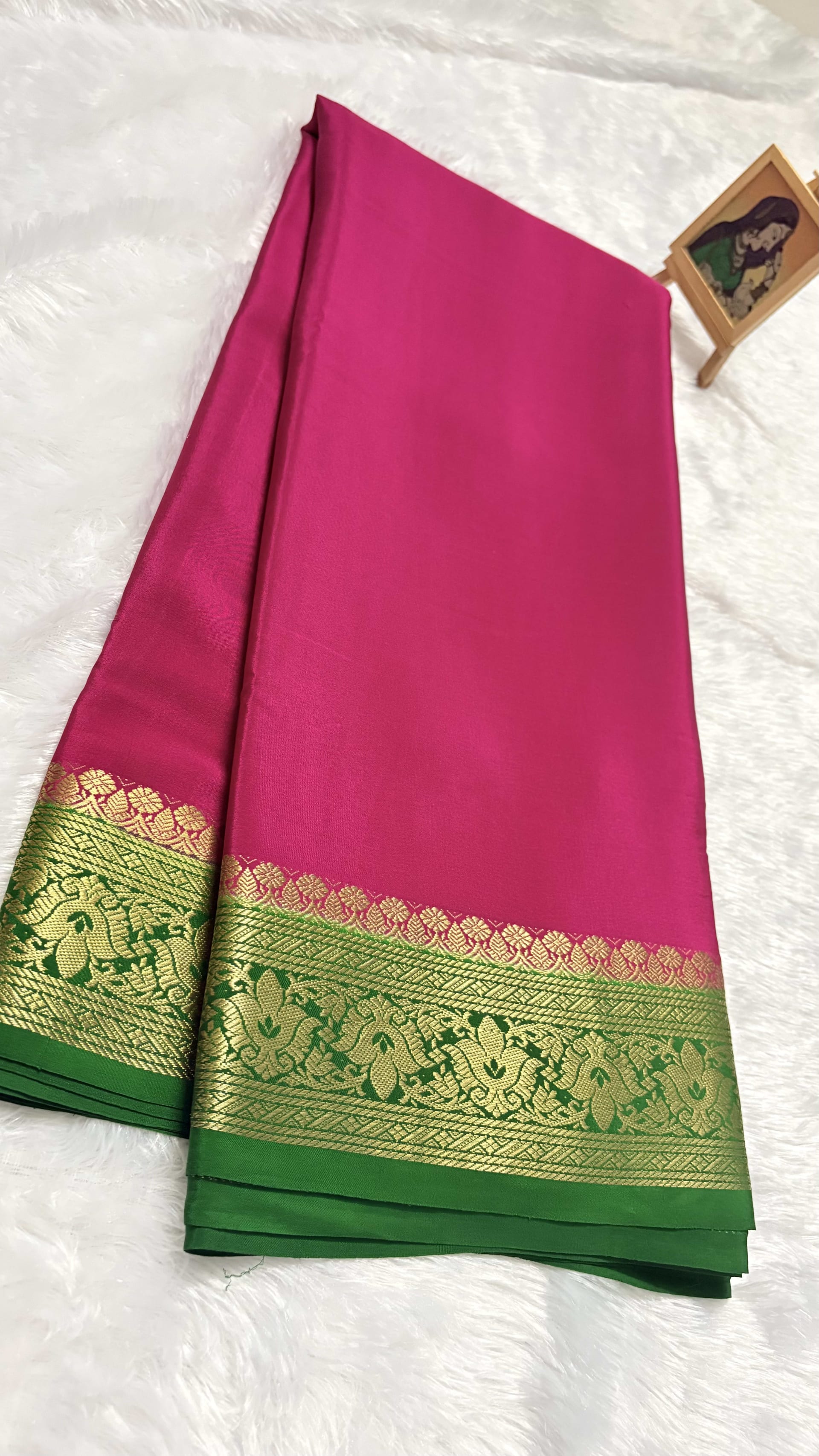 Pure Mysore crepe silk Floral Pink and Green - 120gsm — Pink/Peach Mysore Silk Mysore Silk saree