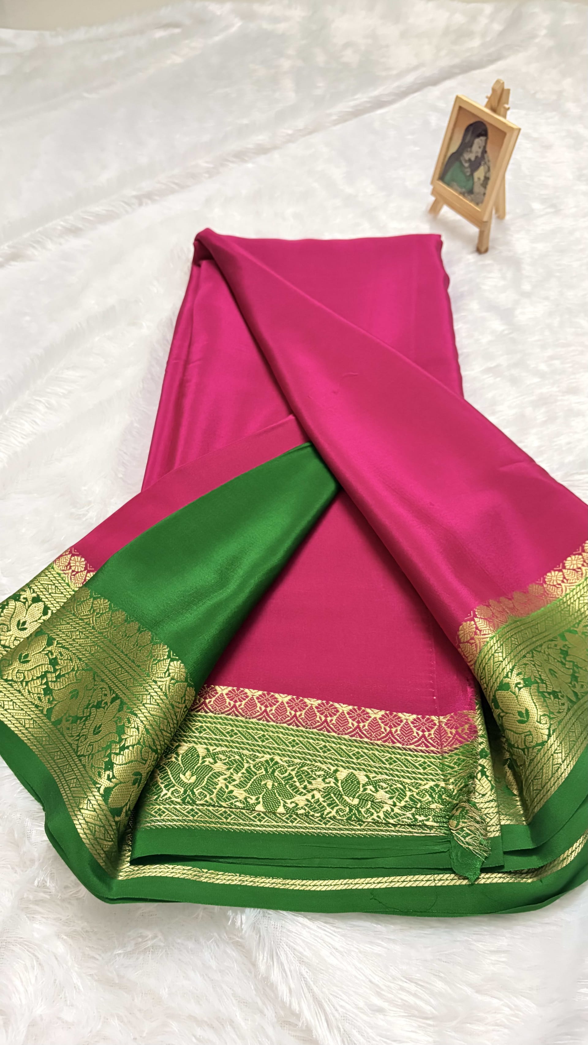 Pure Mysore crepe silk Floral Pink and Green - 120gsm — Pink/Peach Mysore Silk Mysore Silk saree