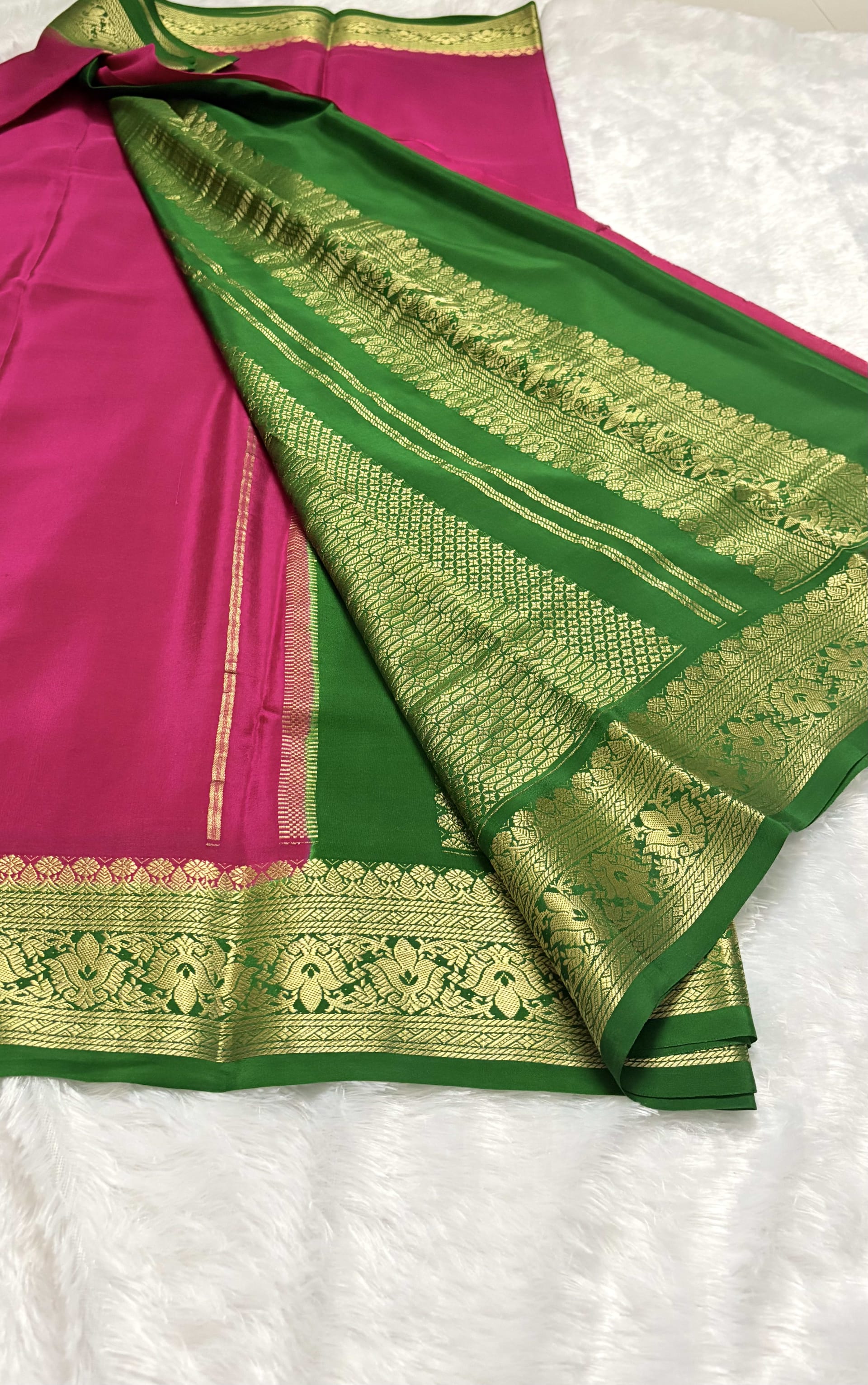 Pure Mysore crepe silk Floral Pink and Green - 120gsm — Pink/Peach Mysore Silk Mysore Silk saree