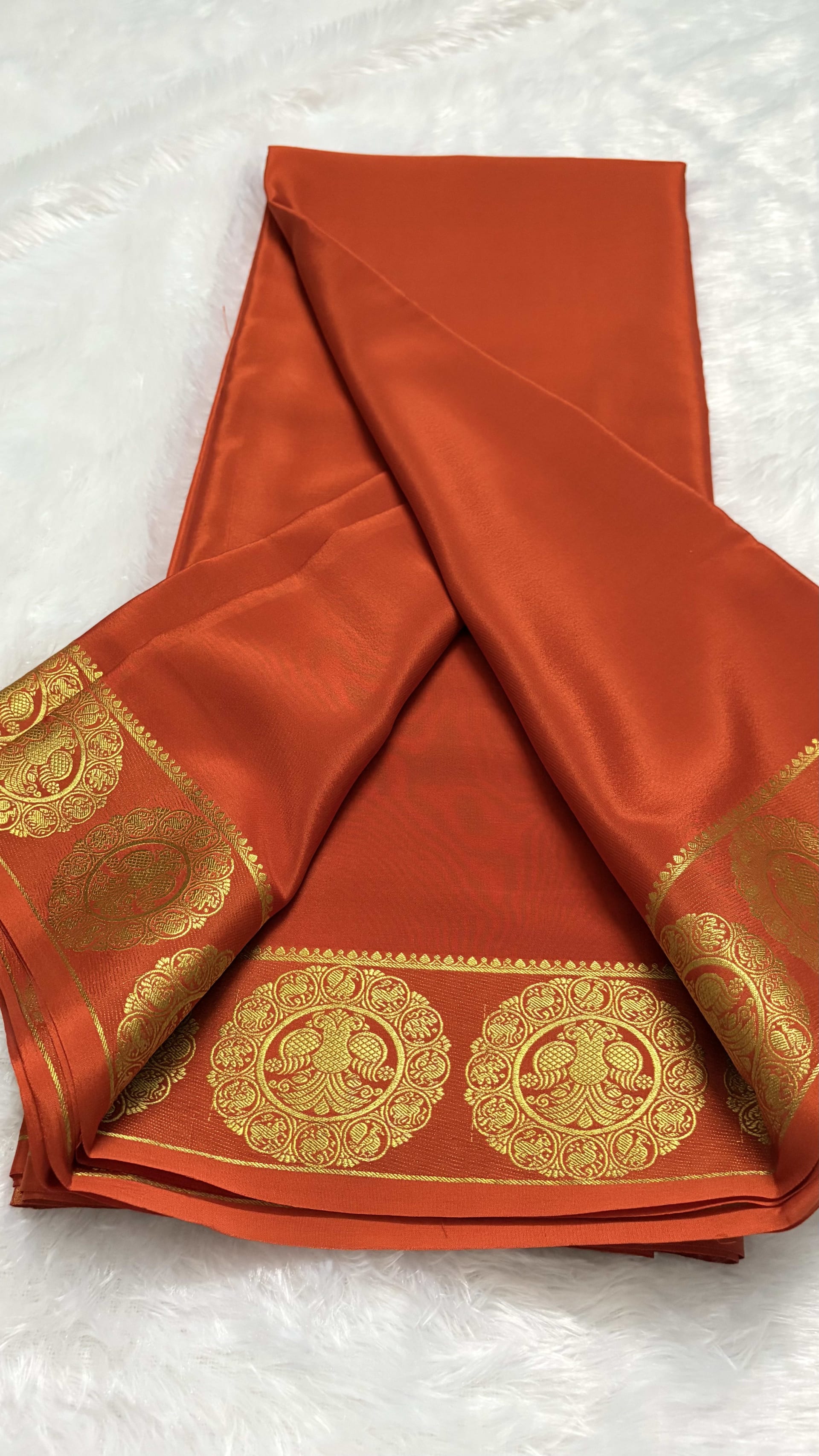 Pure Mysore crepe silk saree with Gandaberunda border Orange - 120gsm — Orange Mysore Silk Mysore Silk saree