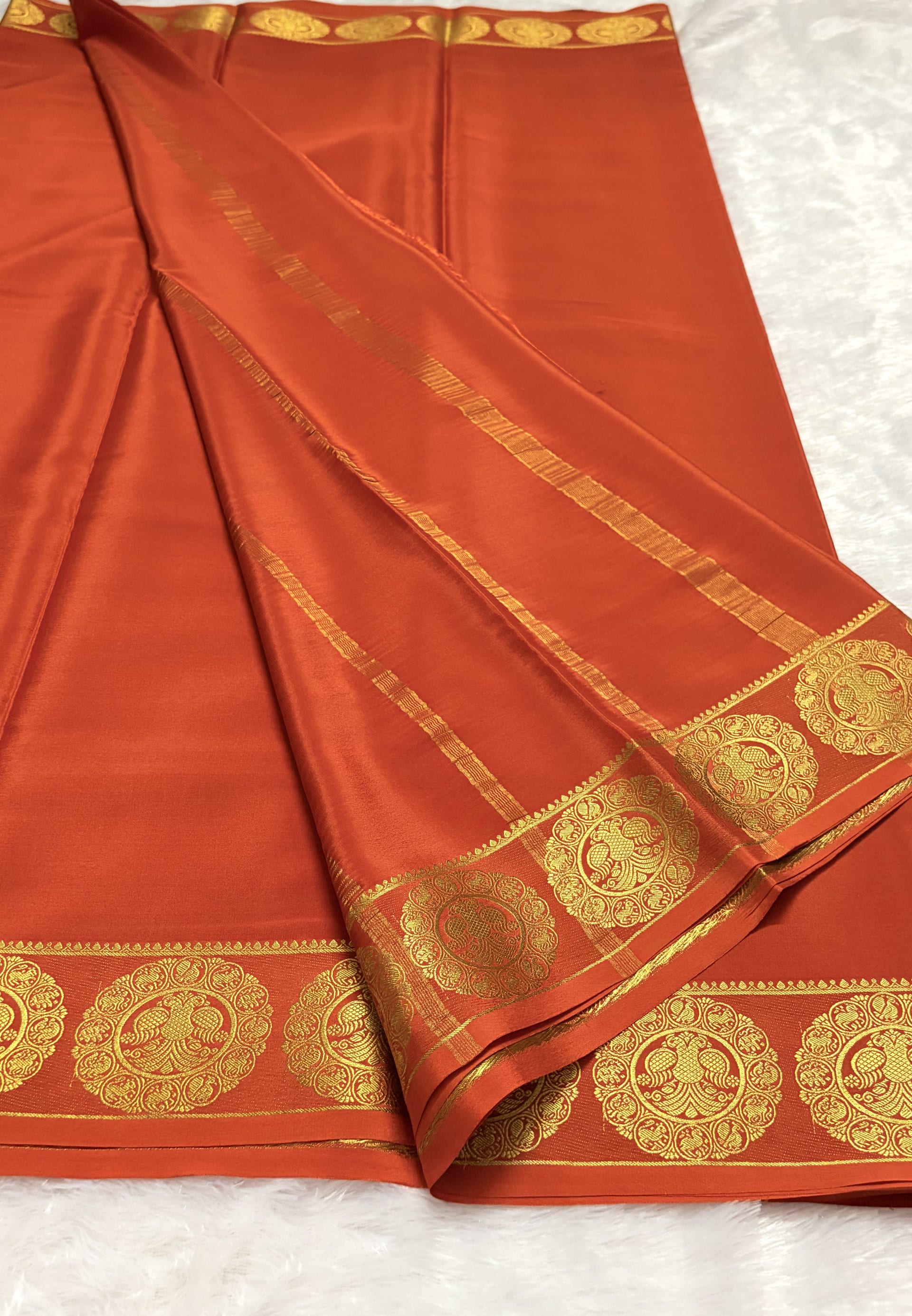 Pure Mysore crepe silk saree with Gandaberunda border Orange - 120gsm — Orange Mysore Silk Mysore Silk saree